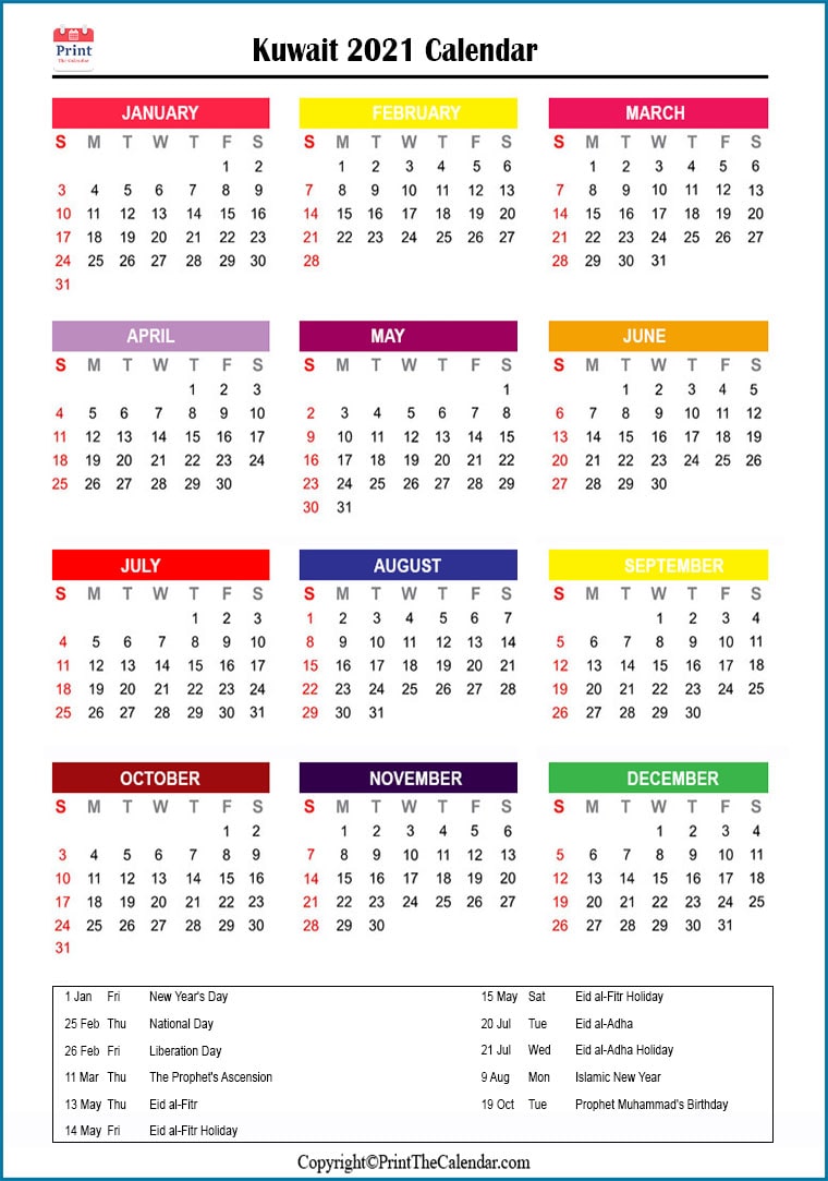 Kuwait Printable Calendar 2021